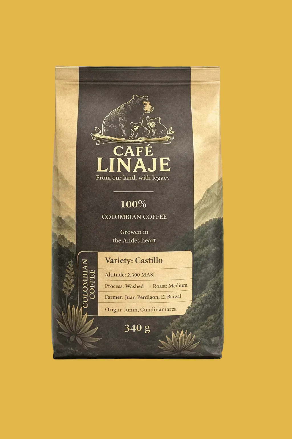 Colombia medium roast coffee bag featuring 100% Colombian Castillo variety from Café Linaje.